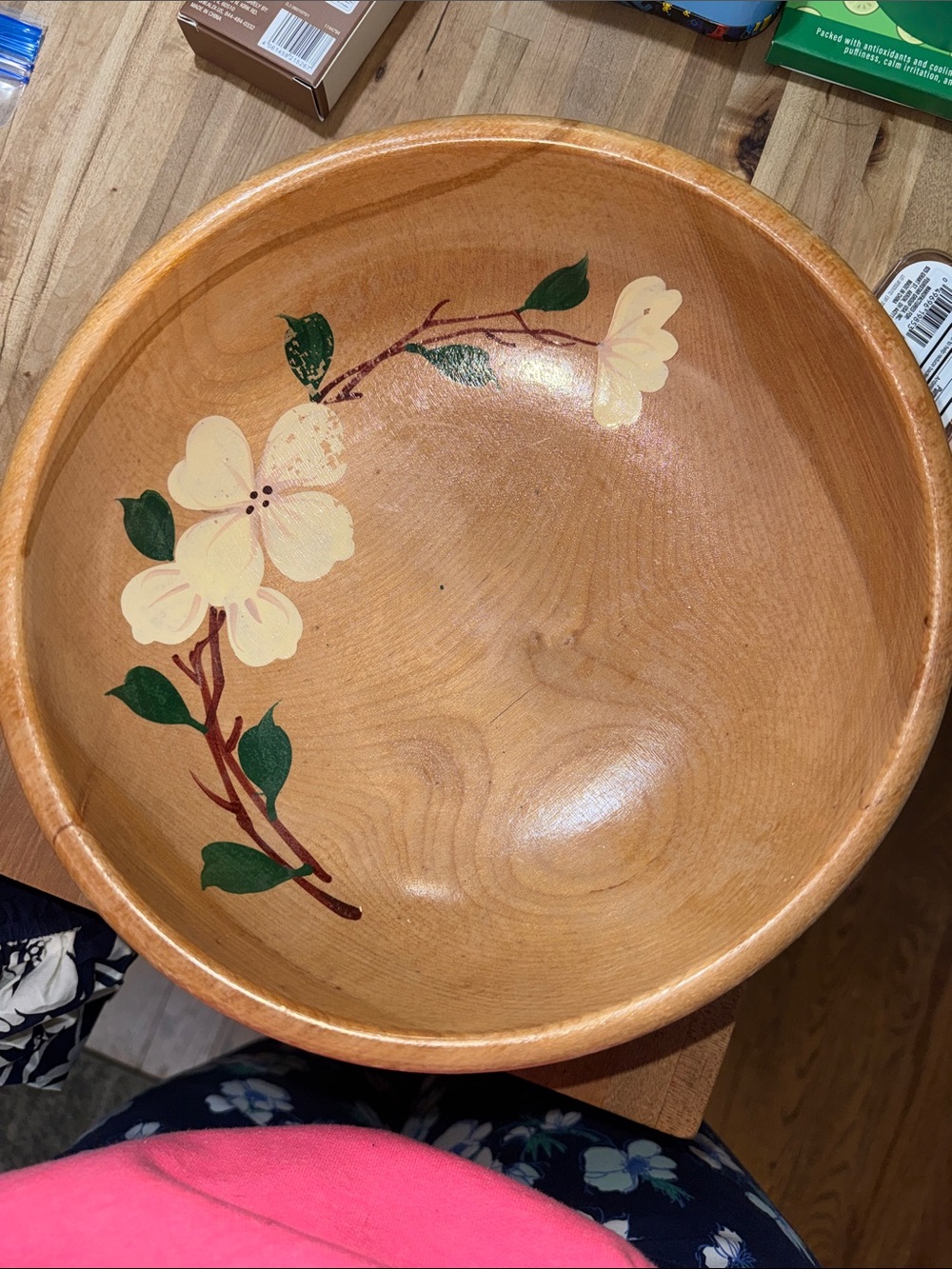 Vintage Hand-Painted Wooden Serving Bowl with Floral Design